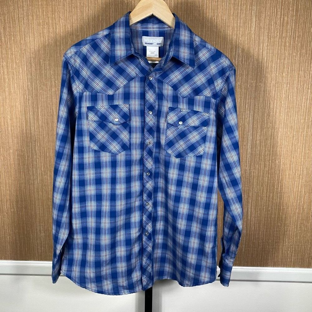 Wrangler Mens Wrancher Pearl Snap Plaid Long Sleeve Button-up Shirt Blue Medium